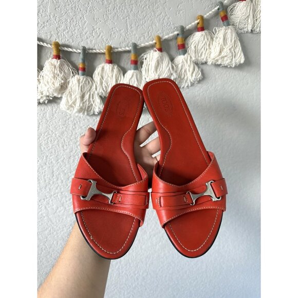 Tod's Leather Orange Slide Buckle Sandals Silver Accent Y2k Preppy Boho 9.5 - Picture 1 of 8